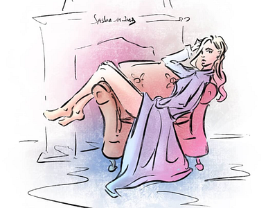 Day 768 artist cartoonist comicbookartist comics cozy daily drawing editorial fashionillustration fireplace girl illustration illustrator pink pinup procreate purple sashaming sexy vibes