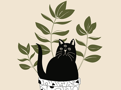 Cat Plant Print by Emily Small art print cat cat lady cats design drawing hand drawn illustration illustrator memphis style pet plant portrait vector vector drawing