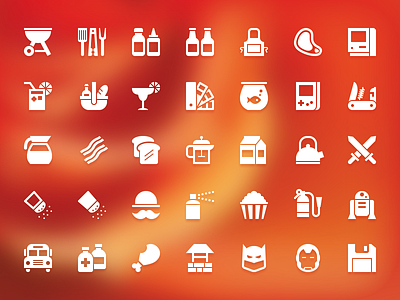 Year of Icons apron bacon batman bbq beer breakfast coffee condiments fish game boy icon ironman ketchup lemonade mac milk mustache mustard picnic popcorn r2d2 roast save steak swatch book swiss army knife swords symbolicons tools vector