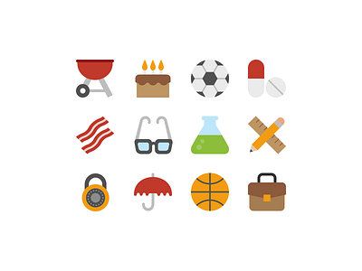 Even More Symbolicons Flat bacon basketball briefcase color flat grill icons soccer umbrella vector