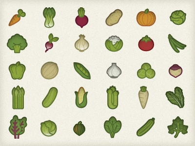 Veggie Icons, Final Draft acorn squash asparagus bean beet bok choy broccoli brussel sprouts cabbage carrot cauliflower celery chard clean cucumber garlic icon icons kale lettuce melon onion parsley parsnip pea pepper potato pumpkin radish rutabaga simple spinach symbol symbols tomato vector vegetable veggie zucchini