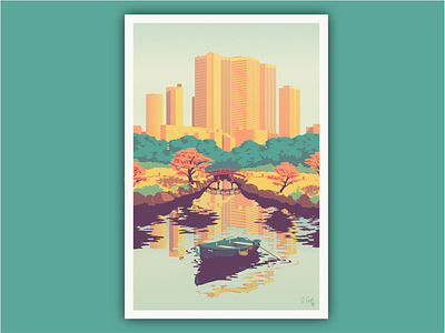 Calm Poster boat bridge calm cityscape design illustration japanese garden lake park rowboat tranquil trees vector