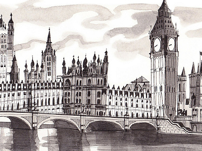 London Calling big ben black bridge drawing england illustration ink line work london pen sketch travel