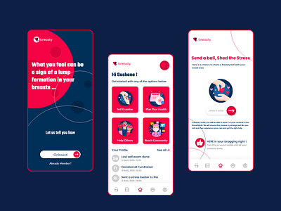 Breasty - Breast Cancer Awareness App and Campaign awareness campaign blue breast cancer breast cancer awareness cancer care dashboard illustration onboarding selfcare ui ui design worldcancerday