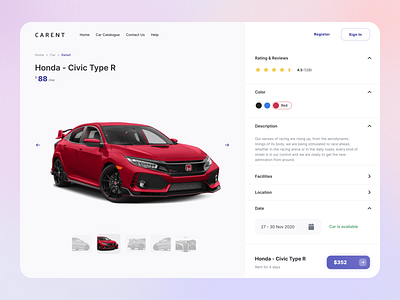 Detail Car - Carent purple ver. app breadcrumb car car rental clean detail facilities information landing page page payment rental ui ui design uiux website