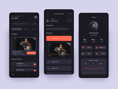 Fitness Mobile Apps boxing clean dark mode detail page excercise fitness fitness app healthy lifestyle home page home screen instructor mobile dark mode profile page statistic training app video weightlifting workout yoga app