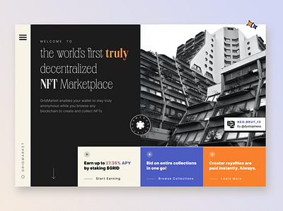 GridMarket - A truly decentralized NFT marketplace app crypto design graphic design nft typography ui ux website