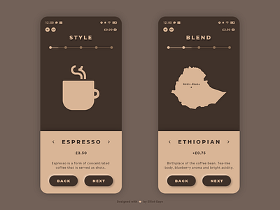 DailyUI #033 - Customize Product adobe illustrator adobe xd brown coffee customize customize product customized daily 100 challenge daily ui dailyui minimalism minimalistic mobile app design neumorphism ordering two color two tone two tone ui ux