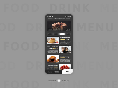 DailyUI #043 - Food/Drink Menu adobe illustrator adobe xd cards ui daily 100 challenge daily ui dailyui dessert desserts drink menu food and drink food menu menu design mobile app design modern design modernism restaurant app restaurant menu sophisticated ui ux