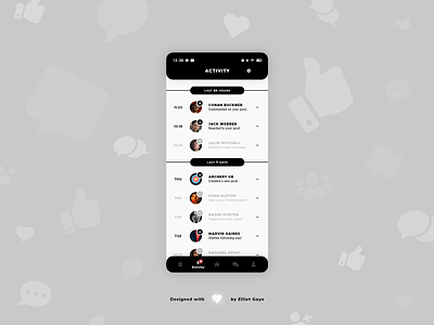 DailyUI #047 - Activity Feed activity activity feed adobe xd archery black and white daily 100 challenge daily ui dailyui mobile app design modern design modernism monochromatic notifications reactions social media social media design social network ui unique design ux