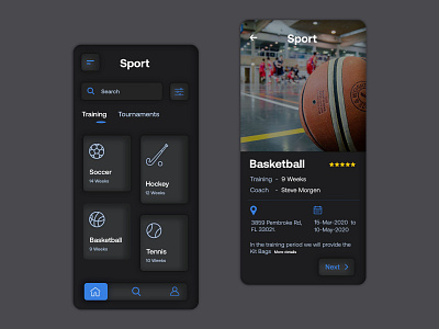 Sport App - Dark Mode app basketball clean coaching dark dark ui design hockey minimal mobile player playing soccer sports tennis tournament training ui