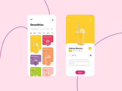 Smoothies app concept app application banana branding design fruits graphicdesign interface minimal mobile app pink product design product page smooth smoothies typography ui design ux design uxui yellow