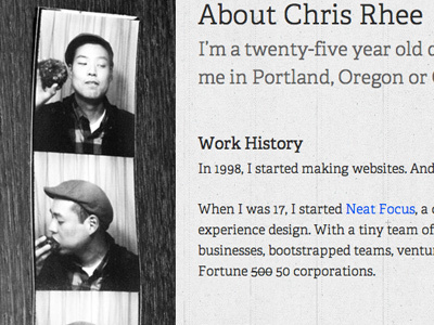 Chris Rhee - About about adelle black and white personal typekit web website wordpress