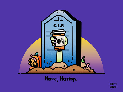 Monday Mornings are scary character design coffee design grave halloween hand illustration pumpkin scary trick trick or treat vector zombie