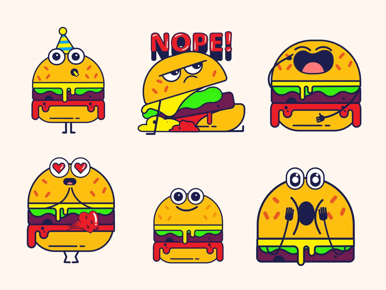 Burger Animated Sticker Pack animated gif animated stickers animation burger character character design design food funny illustration sauce sticker vector