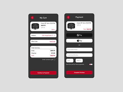 Canon Cart and Payment apple apple pay cc checkout creditcard design google google pay interface mobile mobile interface pay payment ui ui design user interface