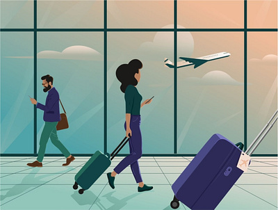 Morning at the airport airport design flat illustration people people illustration phone plane suitcase trolley vector walk