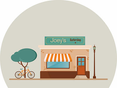 Joey's barbershop illustration awning barbershop bike building concept design door flat illustration shop store street light tree vector window