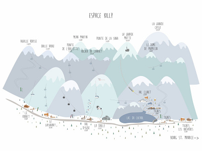 Espace Killy region dreamy map art building cabins chalets concept design dreamy flat illustration mountains resorts retro sbowboard ski vector villages winter sports