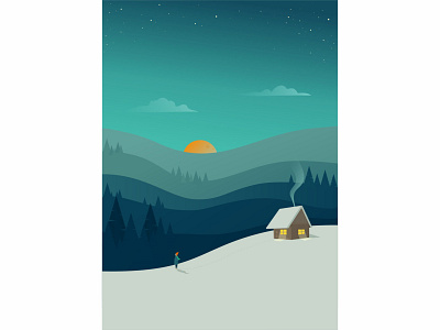 cabin in the woods art cabin design dreamy flat illustration mountains night vector winter
