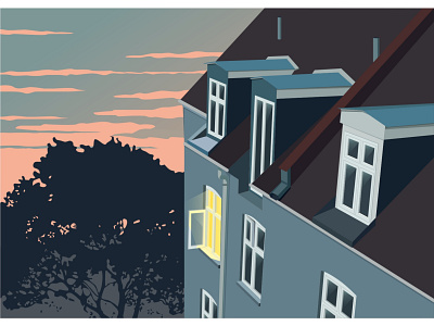 sunset at home architecture art building concept dreamy flat house illustration roof sunset vector window