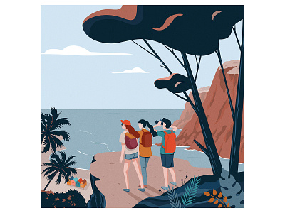 Travelers art artwork cliffs concept design dreamy flat friends illustration modern mountains nature palmtrees panorama people sea traveling vector vector art view