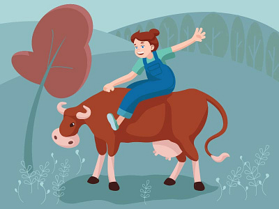Girl on the cow character color cow design girl girl on the cow illustration vector
