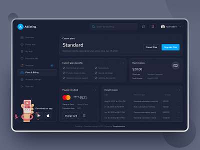 Plans & Billing Dashboard adlisting billing bills chart checkout credit card dashboard designerzafor figma invoices payment plans pricing plans subscription templatecookie ui user interface ux zakirsoft