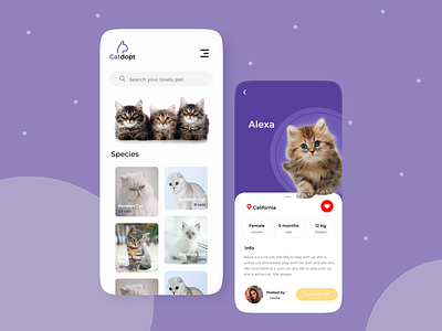 Pet Adoption adopt adoption animal app cat cats clean design illustrator mobile mobile design pet pet care pets petshop soft ui uidesign uiux ux