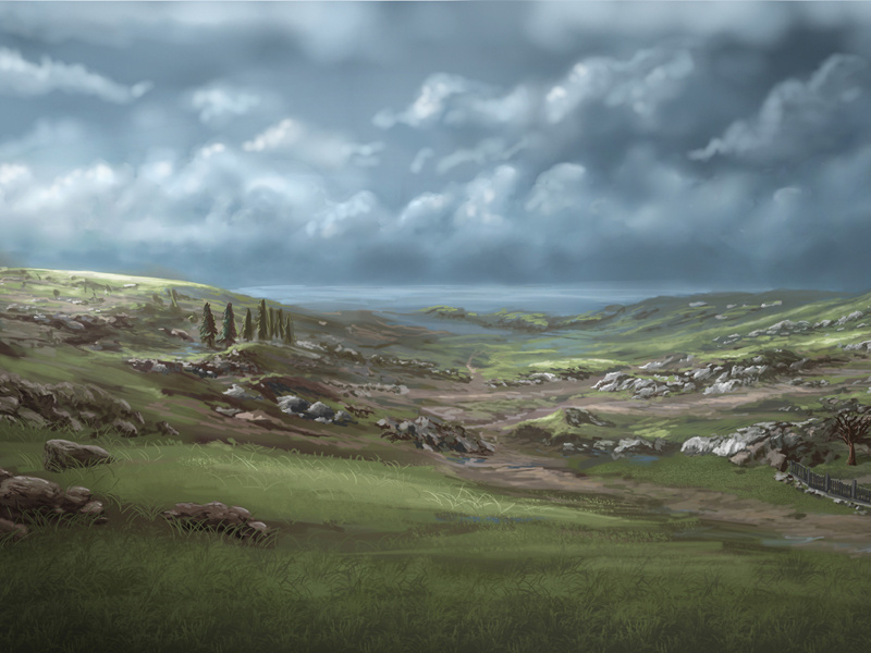 Green Field clouds green grassland grass hills ocean coast cloudy