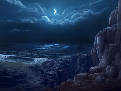 Night Coast clouds coast environment landscape moon night ocean rocks sea shore water waves