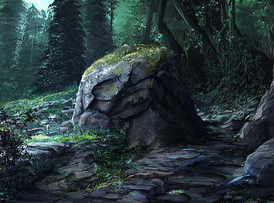 Boulder Pass boulder digital art environment forest landscape rocks trees