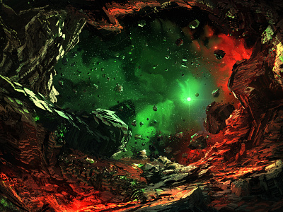 Space Cave cave dark green red rock space stars universe