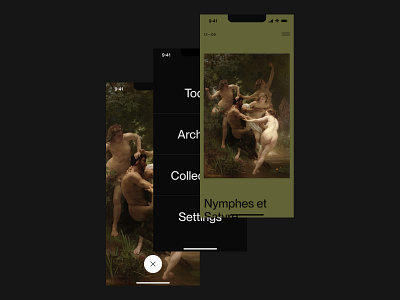 Nymphs and Satyr app art clean dark design exhibition green grid layout minimal mobile museum typography ui