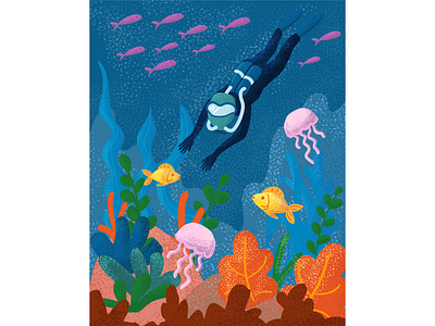 the diver goes down under the water and sees the colorful sea animal animals aqua aquarium aquatic background blue bright cartoon colorful crab design diving exotic fish graphic illustration vector vector illustration vectorart