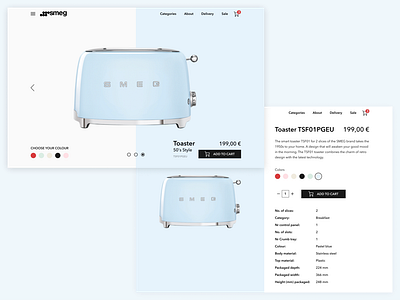 Smeg online store website. brand cart colour design lightblue online shop smeg store style toaster ui ux web
