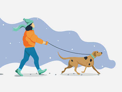 Flat Illustration (Girl walking dog)