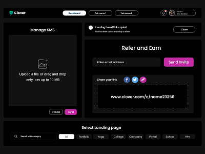 Dark mode Components clover csv dark darkmode dashboard landingpage link notification profile refer referal search share sms smsmanager tab tags upload uploadcsv ux