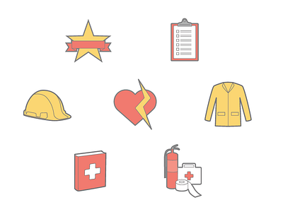 Safety Icons book clipboard coat fire extinguisher first aid hard hat heart icons jacket lighting bolt safety supplies star