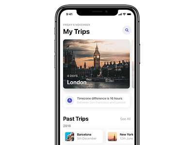 Trips Screen Light - iOS app app design card design explore ios ios 12 ios card iphonex places schedule search ios travel trips