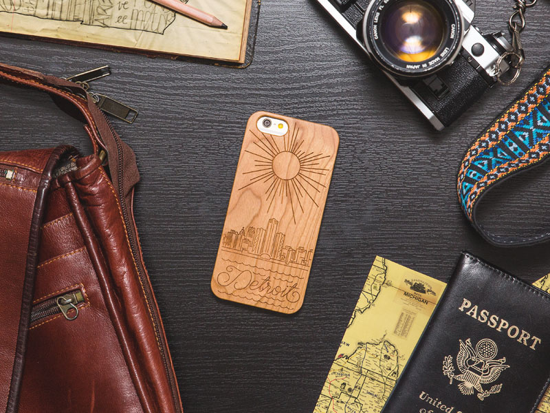 Detroit Skyline Wood iPhone Case product photography camera hero case iphone wood city skyline illustration line detroit