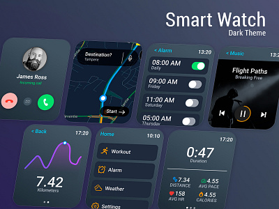 Smart watch Dark Theme app apps dark dark design dark theme dark ui design figma illustration smart watch ui ux watch watch apps watch design watch theme