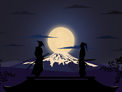 Samurais clouds fight illustration japan katana moon night procreate samurai stars sword tree trees war