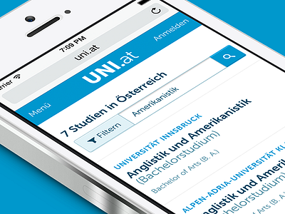 UI mobile listings view for UNI.at branding education filter interface listings minimal mobile museo navigation studies ui design university