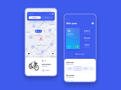 Bike Sharing App activity bicycle bike bike pass card city clean design ebike electricity funds geolocation map mobility navigation product design sharing smart ui ux