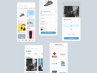 Shopping + Donation platform design donation figma mobile shopping ui