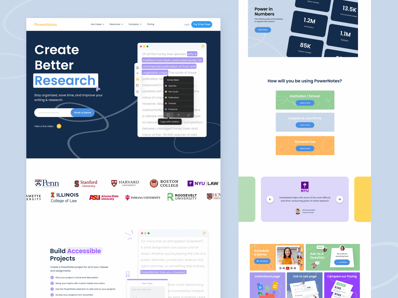 PowerNotes Redesign branding design education figma home page institution landing page law redesign research ui ux web page website