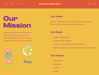 Cut Fruit Collective - Our Mission animation contact form css css animation custom cursor design html landing page navigation menu non profit squarespace web design website