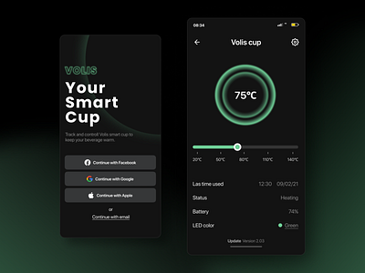 Smart Cup Volis app appdesign blackmode dailyui design inspiration minimal mobile mobiletrends portfolio ui uxdesign