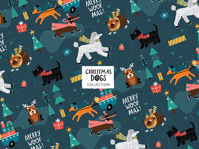 Xmas gift wrap with dogs animal annartdreams character characterdesign christmas illustration colorful cute dog flat color flat illustration friendly gift wrap illustration lettering pattern pattern design pet puppy scandinavian wrapping paper